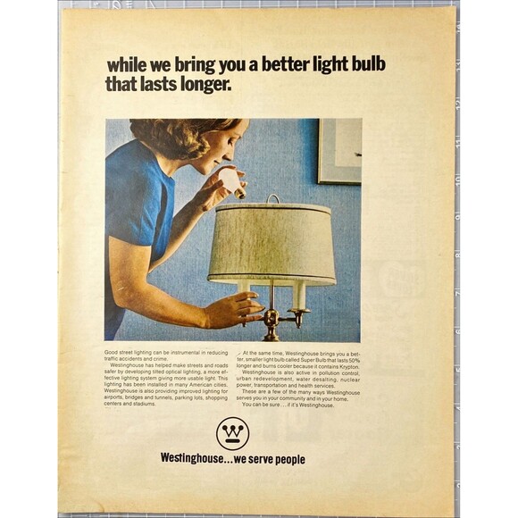 Westinghouse Light Bulbs "We Serve People" Vintage Print Ad 1970 - Picture 1 of 3